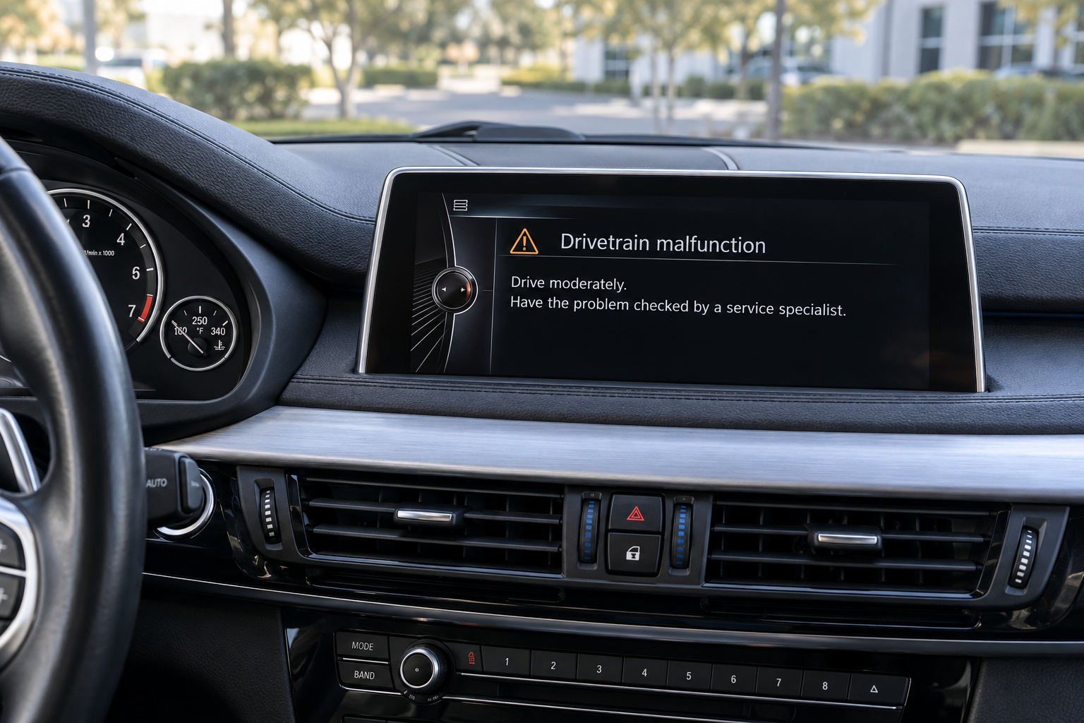 AI-generated illustration of a drivetrain malfunction warning on a BMW iDrive display.