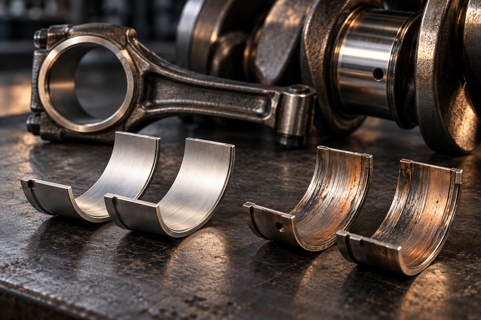 Illustration comparing new and worn engine connecting rod bearing shells.